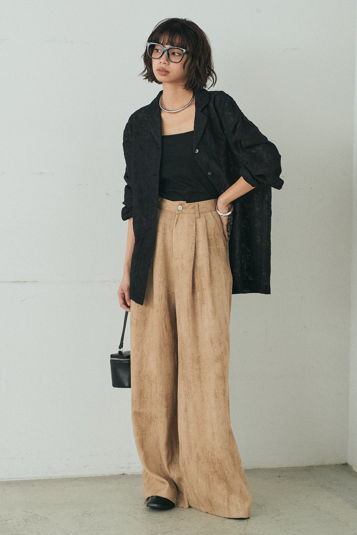 [SET]刺繍シアーオープンカラーシャツ+リネン混かすれ柄ワイドパンツ(2set)
