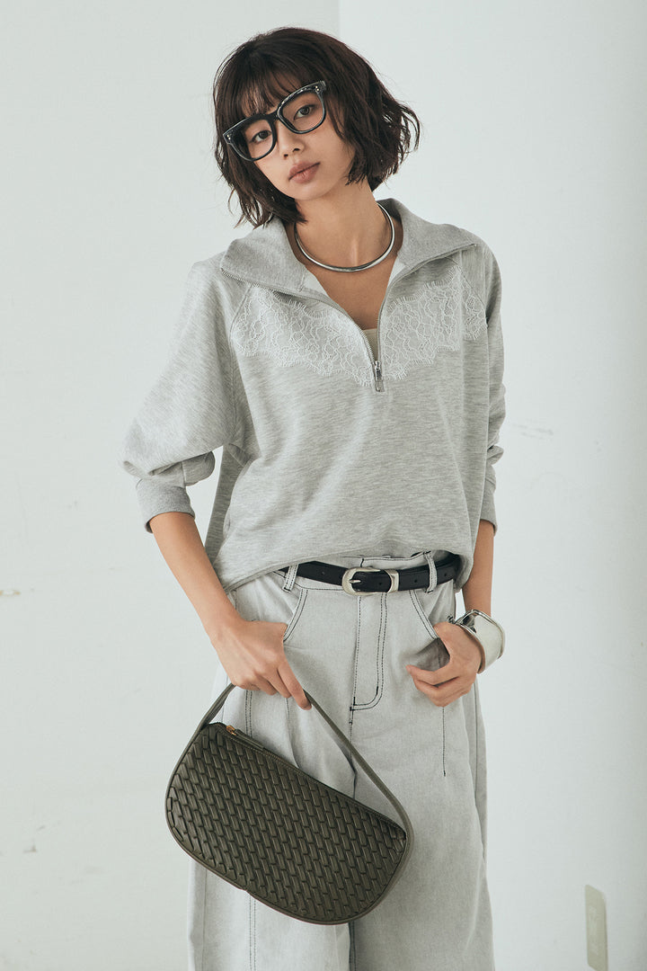 [SET]リバーレースハーフジップ裏毛スウェット+ツイル配色ステッチバレルパンツ(2set)