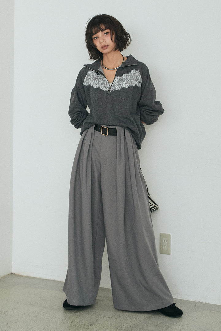 [SET]リバーレースハーフジップ裏毛スウェット+ベルト付きタックデザインハイウエストロングパンツ(2set)