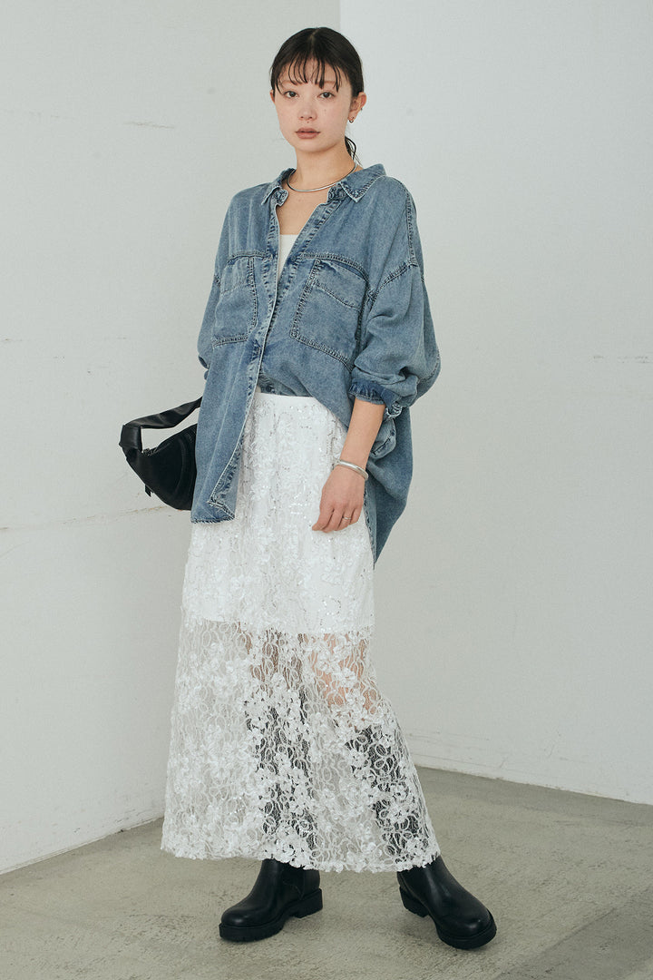 [SET]テンセルデニムシャツ+ラメ刺繍デザインスカート(2set)