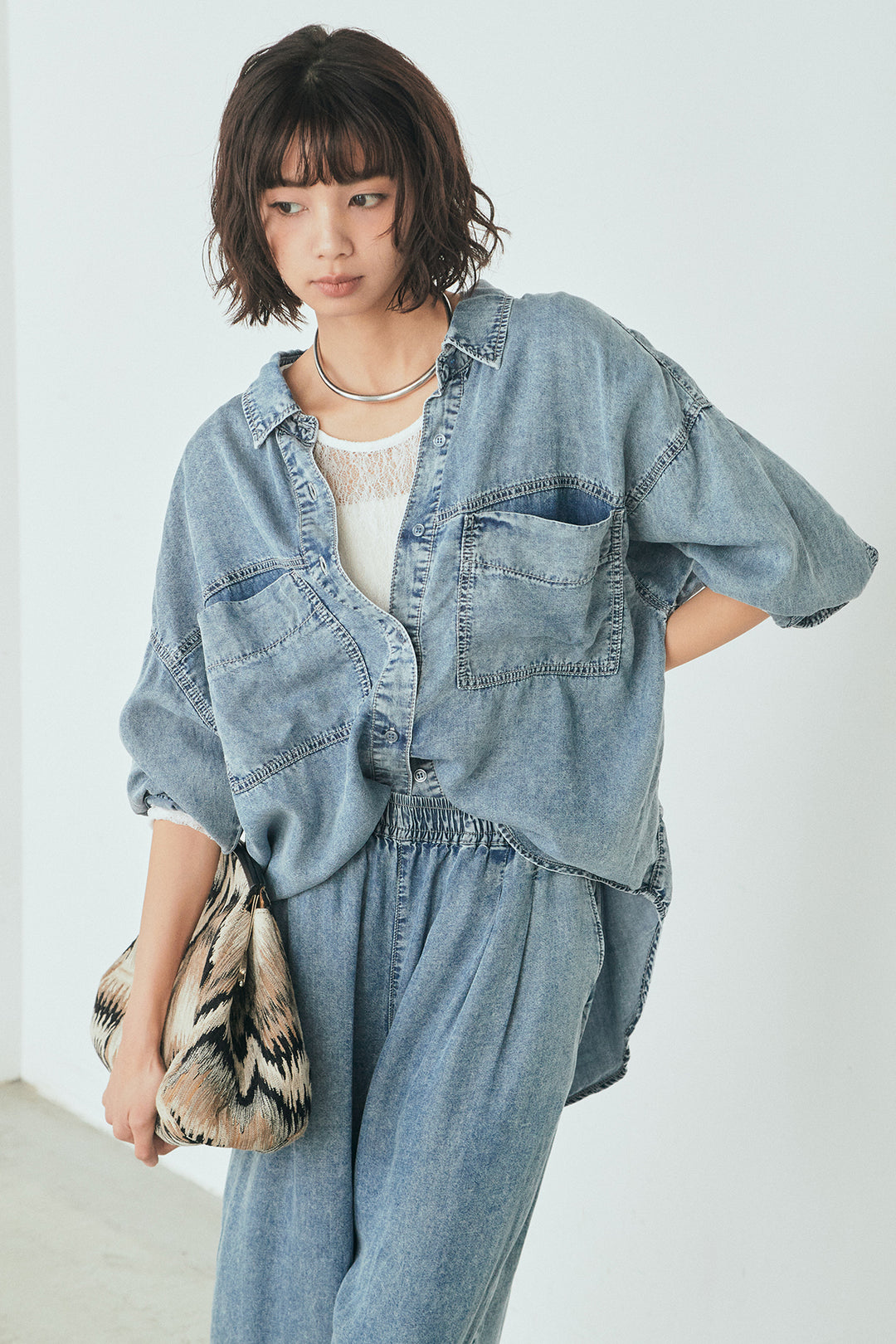 【着回しセット】[SET]テンセルデニムシャツ+テンセルデニムイージーワイドパンツ+ナイロンデニムドッキングブルゾン(3set)