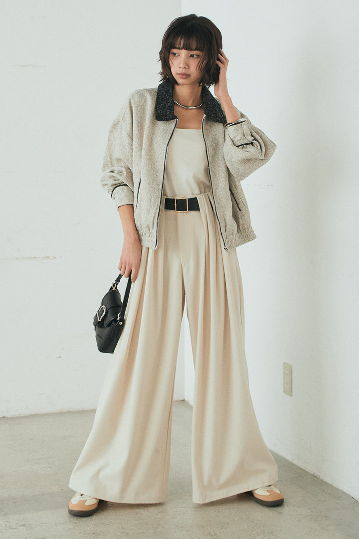 [SET]ツイード配色パイピングブルゾン+ベルト付きタックデザインハイウエストロングパンツ(2set)