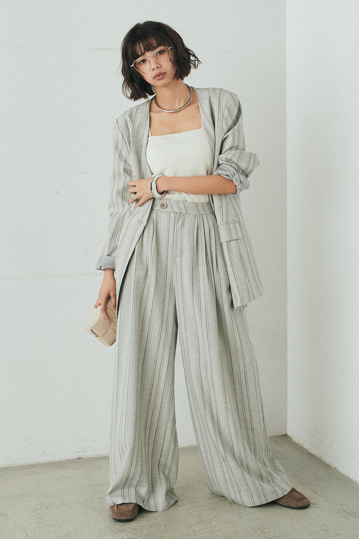 [SET]ノーカラーピンストライプジャケット+ピンストライプワイドスラックス(2set)