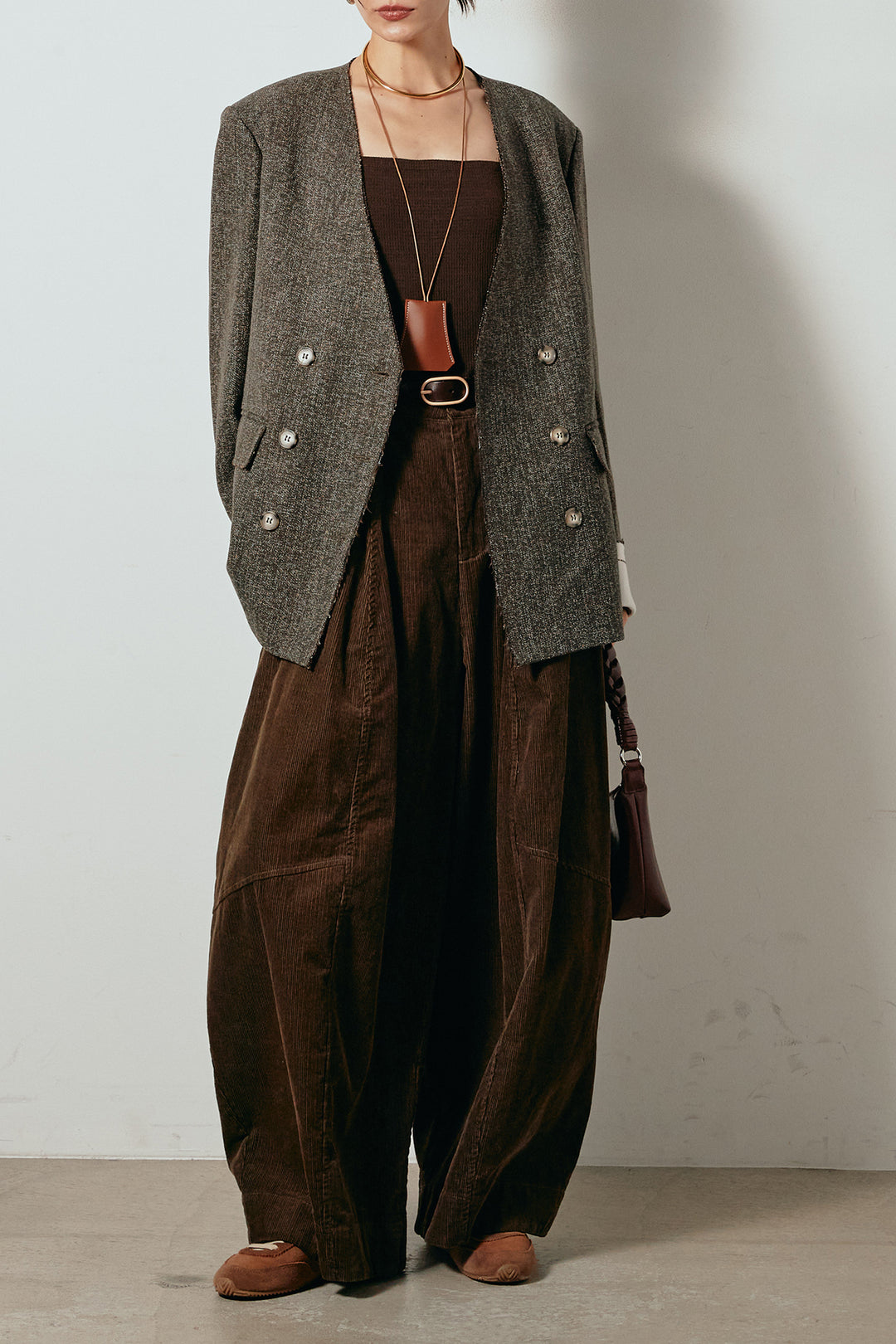 [SET]ノーカラーダブルボタンツイードジャケット+タック入りコーデュロイワイドパンツ(2set)