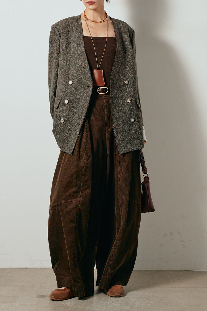 [SET]ノーカラーダブルボタンツイードジャケット+タック入りコーデュロイワイドパンツ(2set)