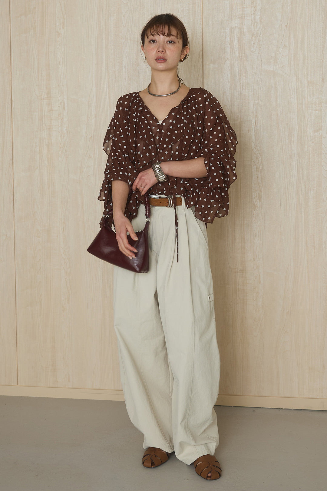 [SET]ドットフリル長袖ブラウス+コットンポリツータックセンターシームカーブパンツ(2set)