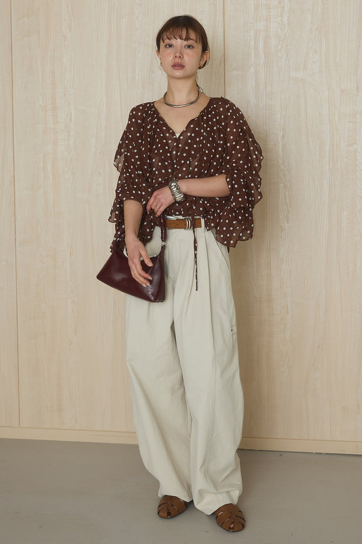 [SET]ドットフリル長袖ブラウス+コットンポリツータックセンターシームカーブパンツ(2set)