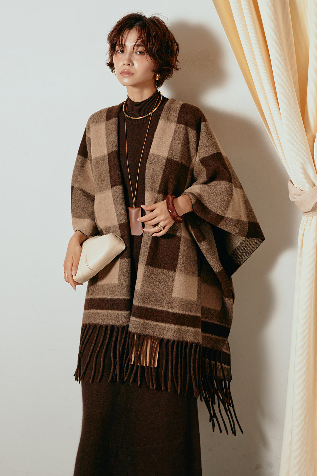 [SET]裾フリンジ柄ポンチョアウター+ノースリーブニットロングワンピース(2set)