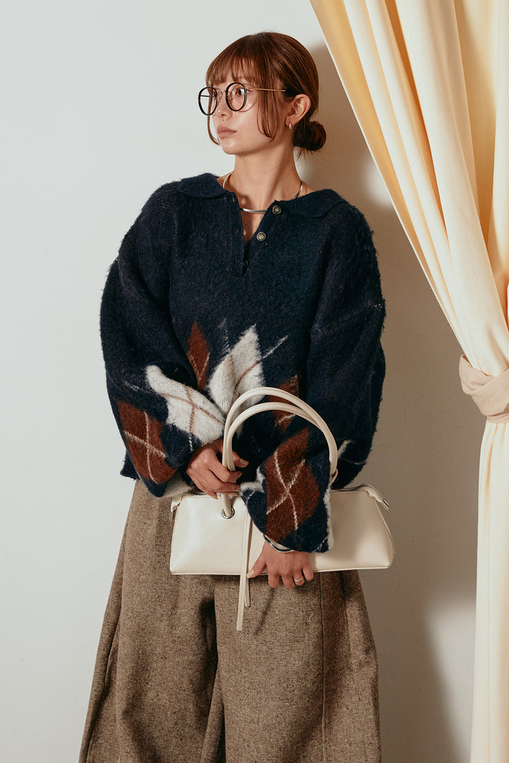 [SET]アーガイル柄ポロニットトップス+ベルト付きネップツイードカーブパンツ(2set)