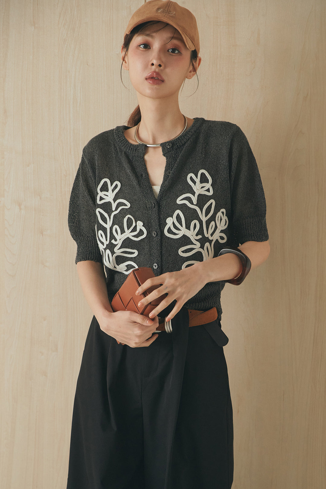 [SET]フロントテープデザイン半袖カーディガン+ベルトループデザインハイウエストタックパンツ(2set)