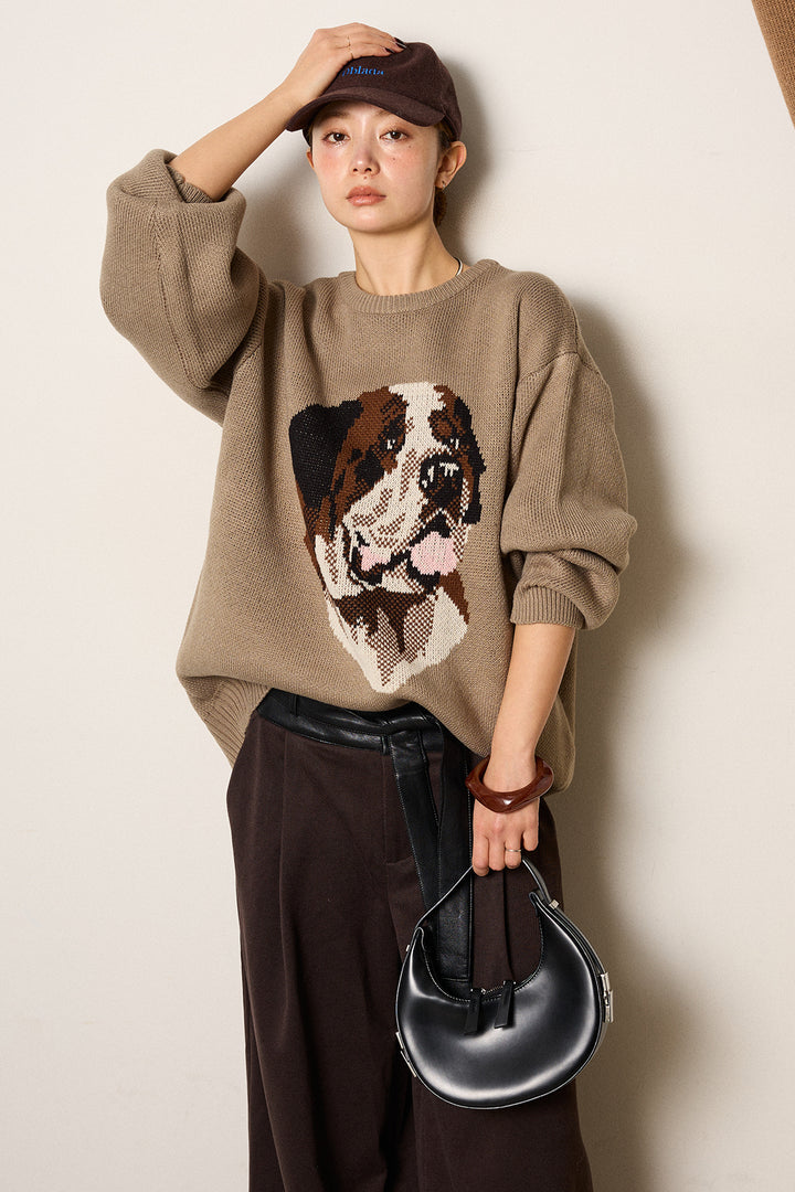 [SET]アニマルジャガード柄ニットトップス+巻ベルトウエストレザーライクワイドパンツ(2set)