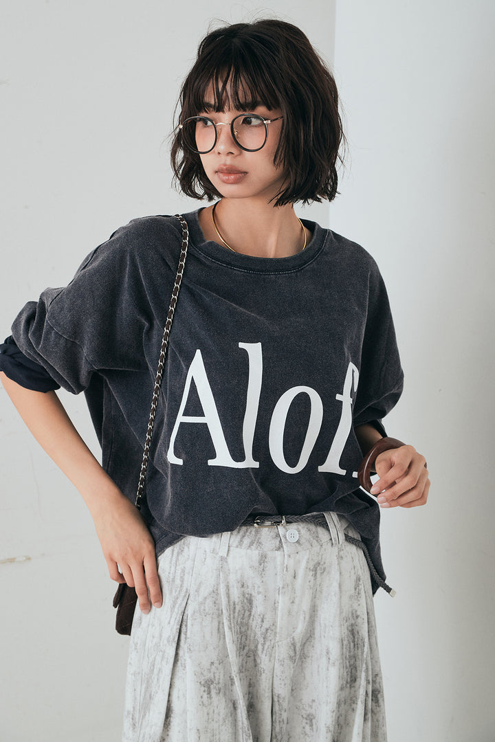 [SET]裾センタードロストロゴプリントワイドTシャツ+紐ベルト付きかすれ柄ワイドスラックス(2set)