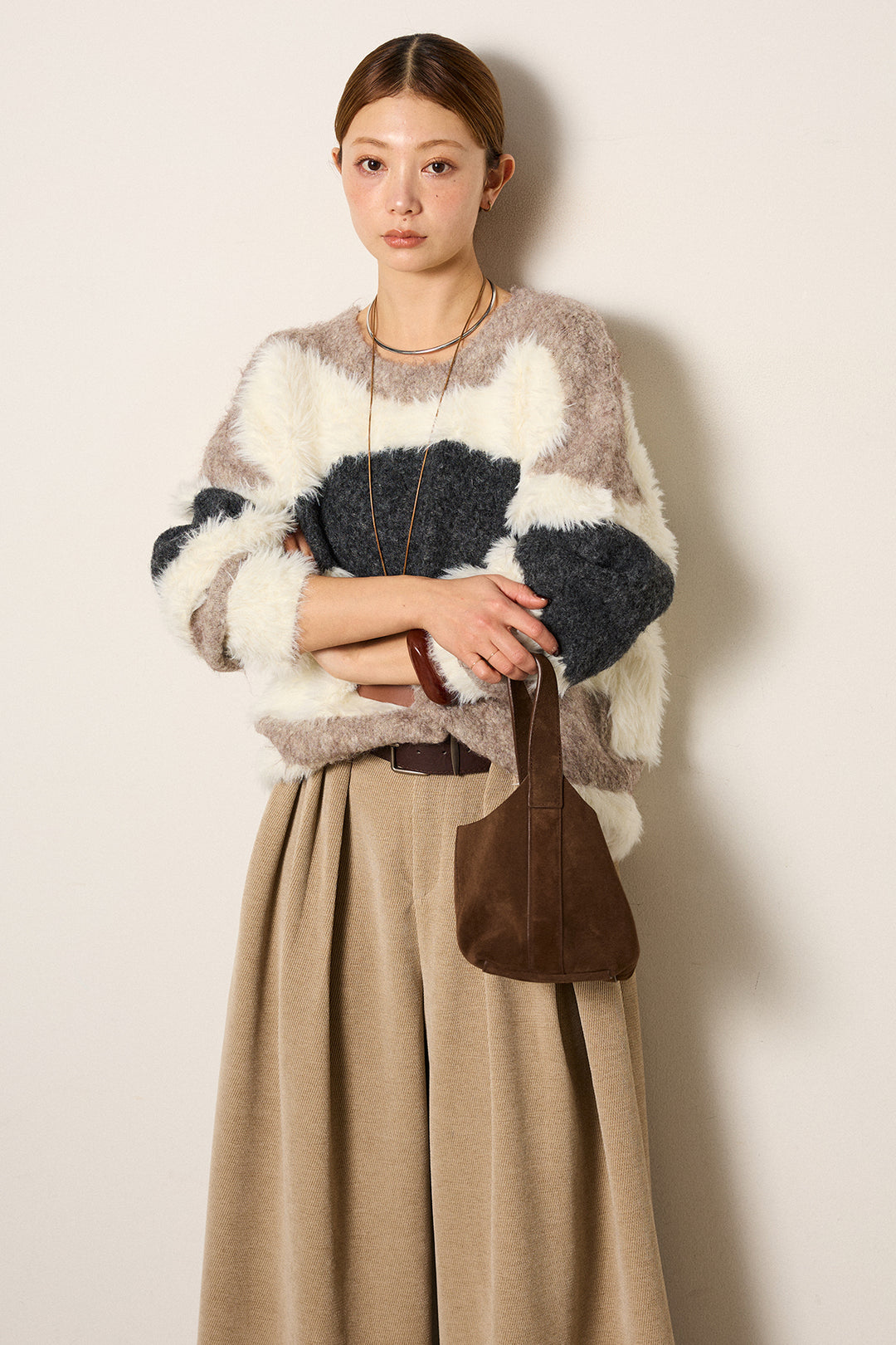 [SET]シャギーウェーブ柄クルーネックニットトップス+ベルトループコーデュロイワイドパンツ(2set)