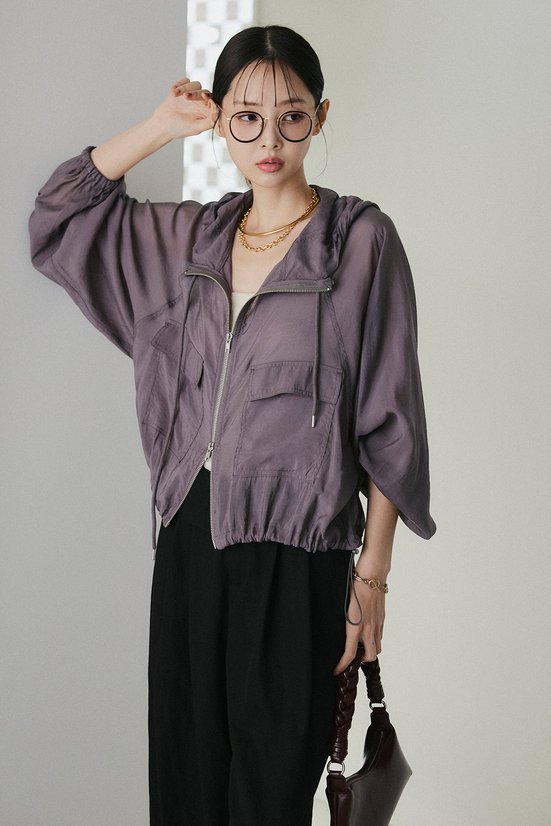 [SET]裾ドロストシアーWジップフーディーブルゾン+ウエスト折り返しワイドパンツ(2set)