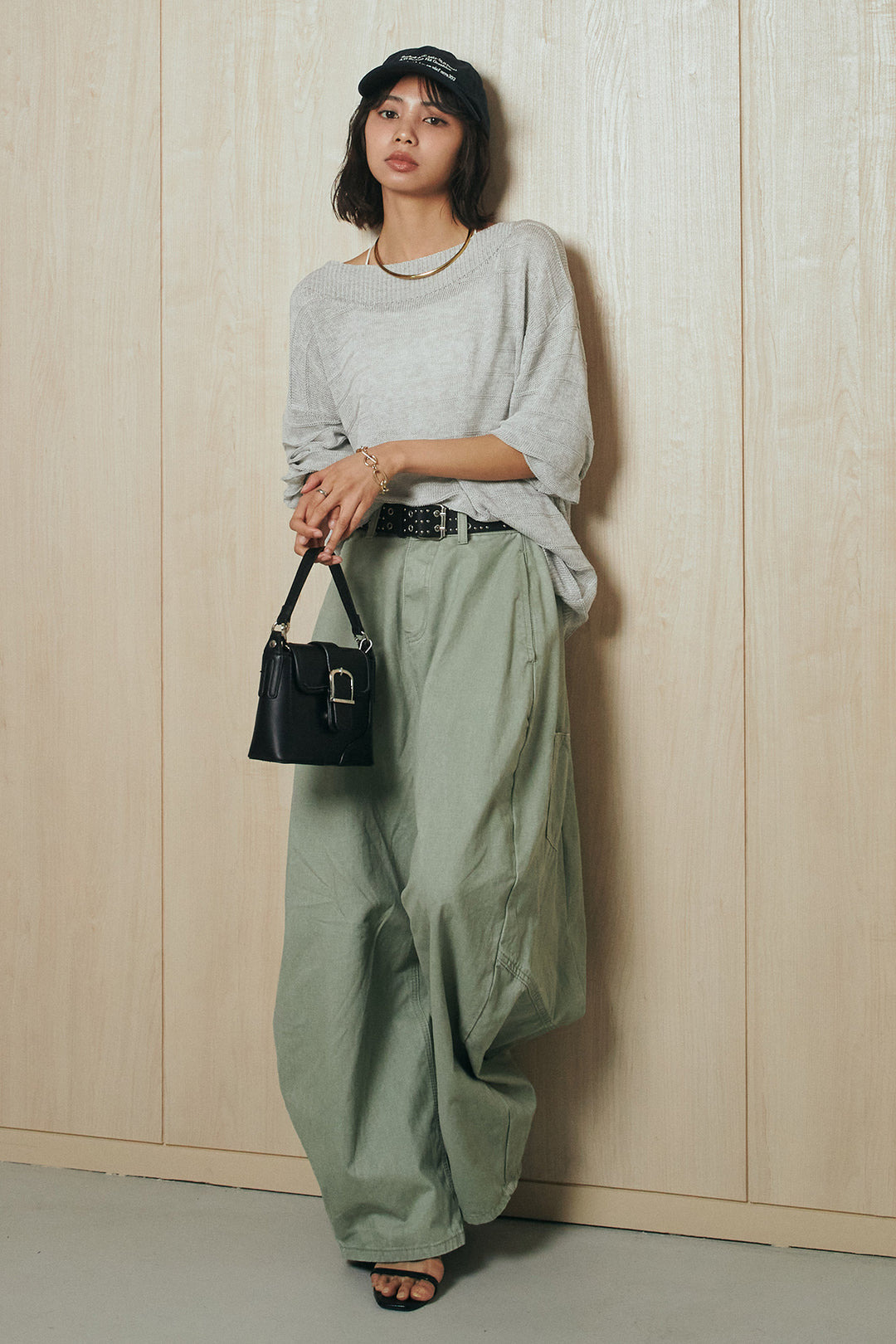 [SET]麻混リラックスニットトップス+ベルト付きカラーデニムパンツ(2set)