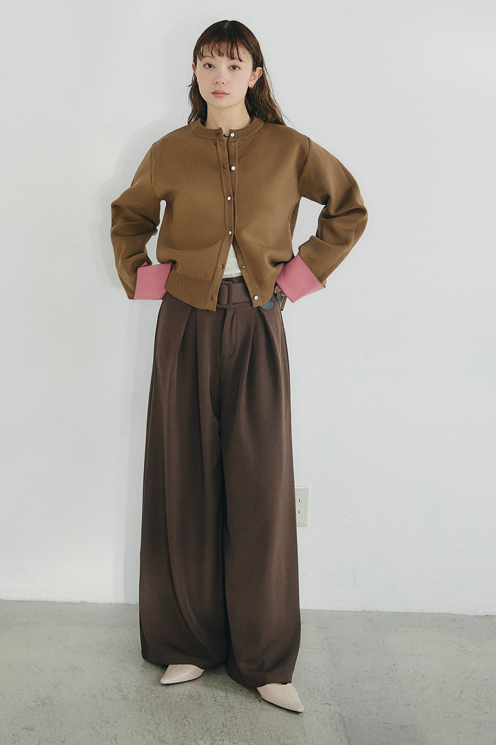 [SET]リバーシブル配色ニットカーディガン+ベルト付きツータックワイドパンツ(2set)