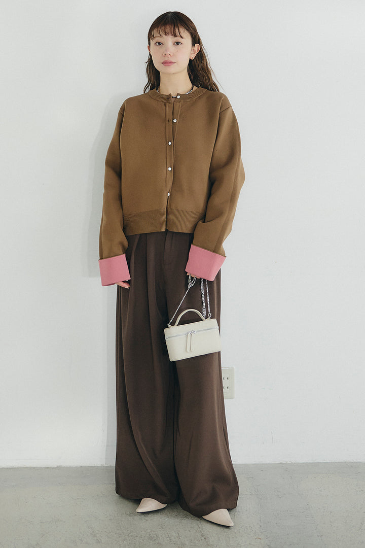 [SET]リバーシブル配色ニットカーディガン+ベルト付きツータックワイドパンツ(2set)