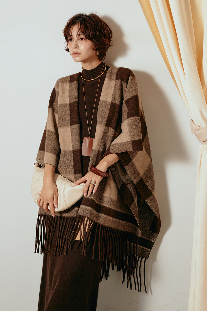 [SET]裾フリンジ柄ポンチョアウター+ノースリーブニットロングワンピース(2set)