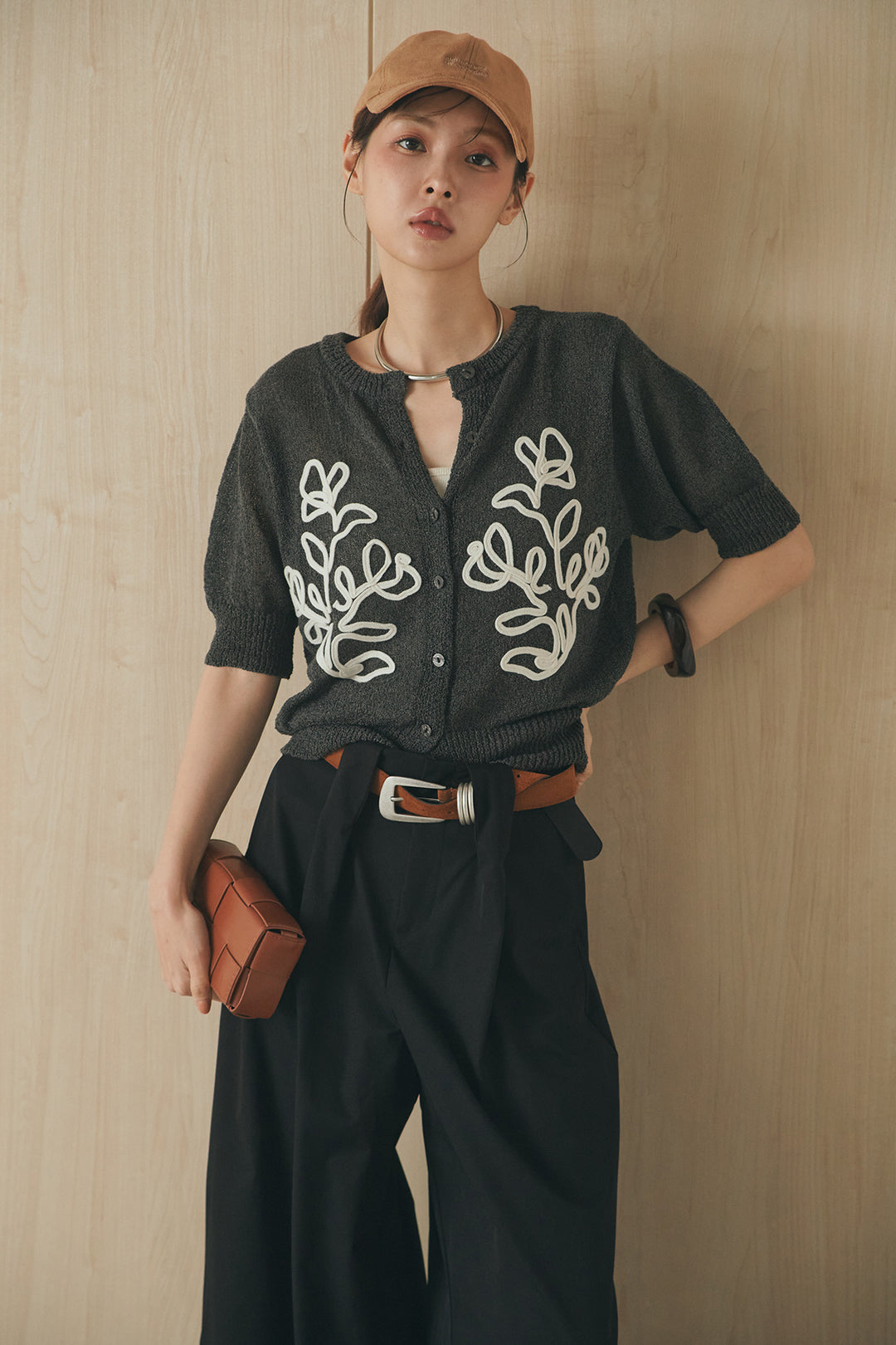 [SET]フロントテープデザイン半袖カーディガン+ベルトループデザインハイウエストタックパンツ(2set)