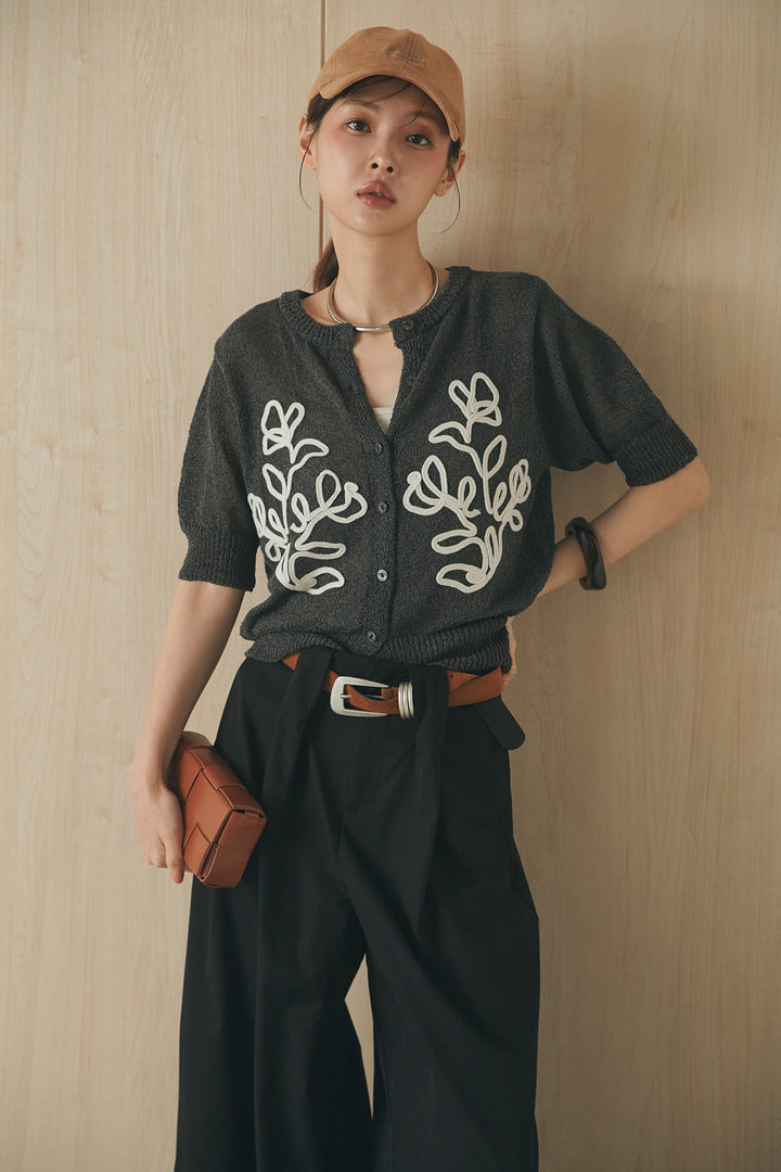 [SET]フロントテープデザイン半袖カーディガン+ベルトループデザインハイウエストタックパンツ(2set)