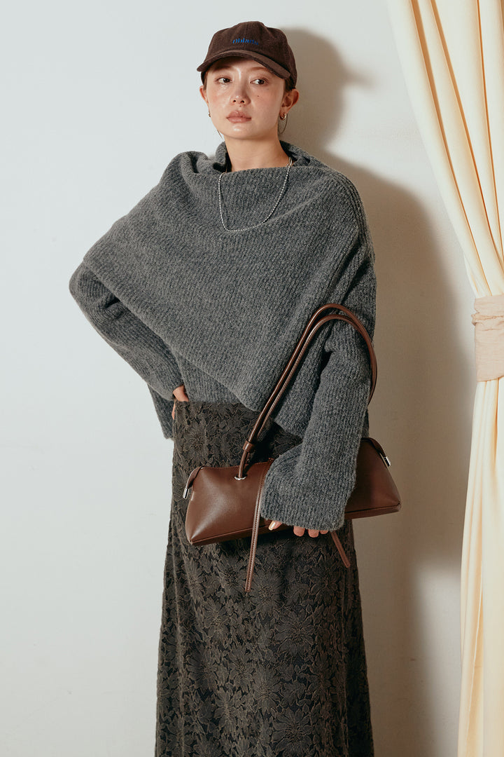 [SET]ケープデザインリブニットトップス+花柄刺繍ベロアフレアスカート(2set)