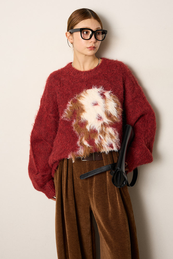 [SET]シャギーニュアンスアニマルニット+ベルトループコーデュロイワイドパンツ(2set)