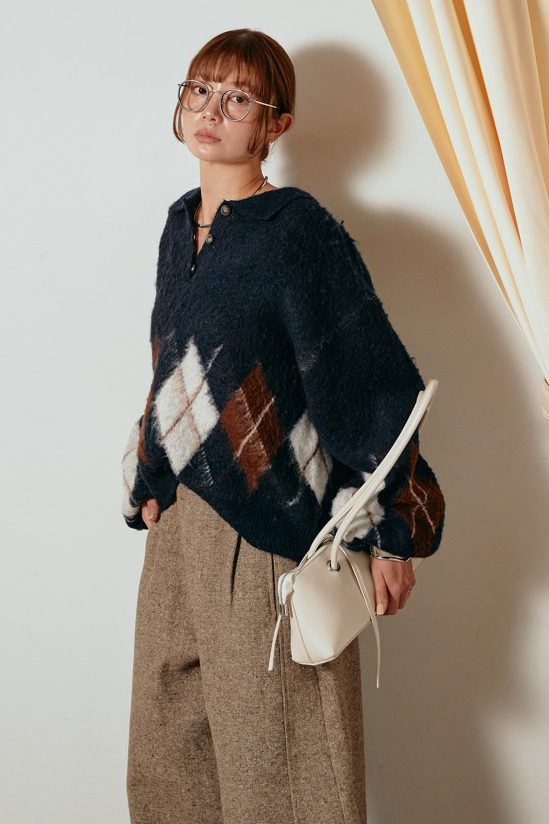 [SET]アーガイル柄ポロニットトップス+ベルト付きネップツイードカーブパンツ(2set)