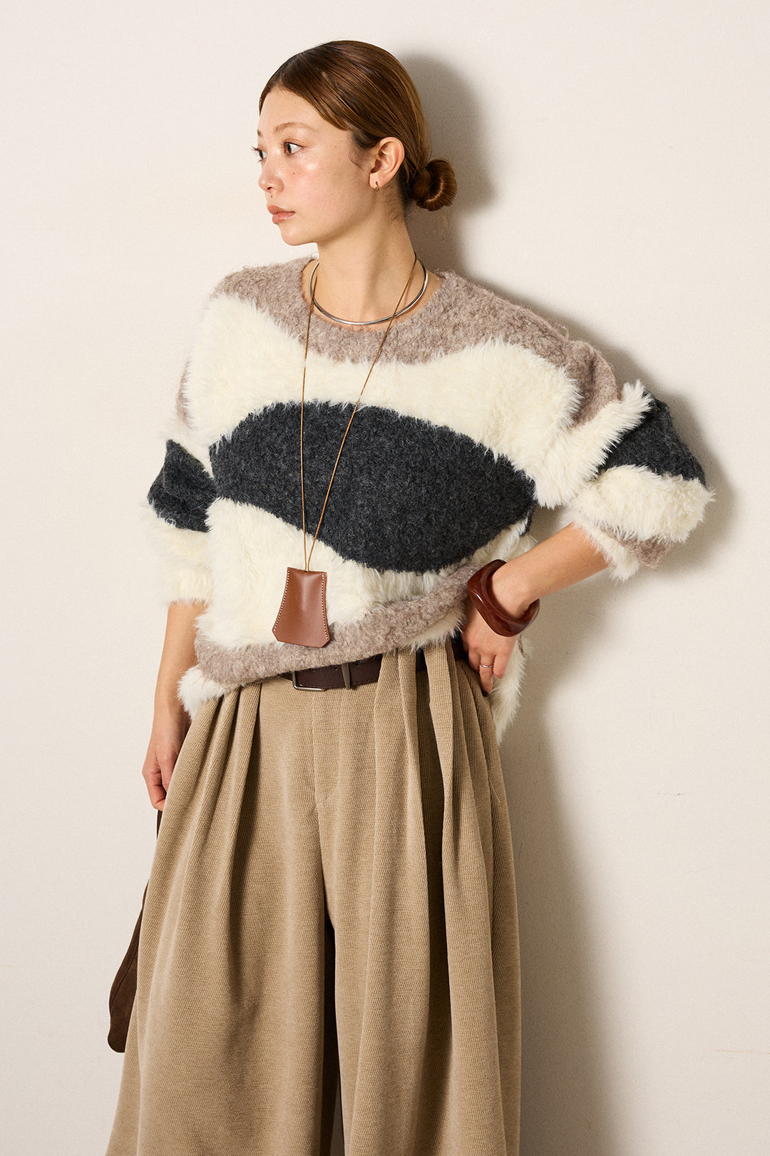 [SET]シャギーウェーブ柄クルーネックニットトップス+ベルトループコーデュロイワイドパンツ(2set)