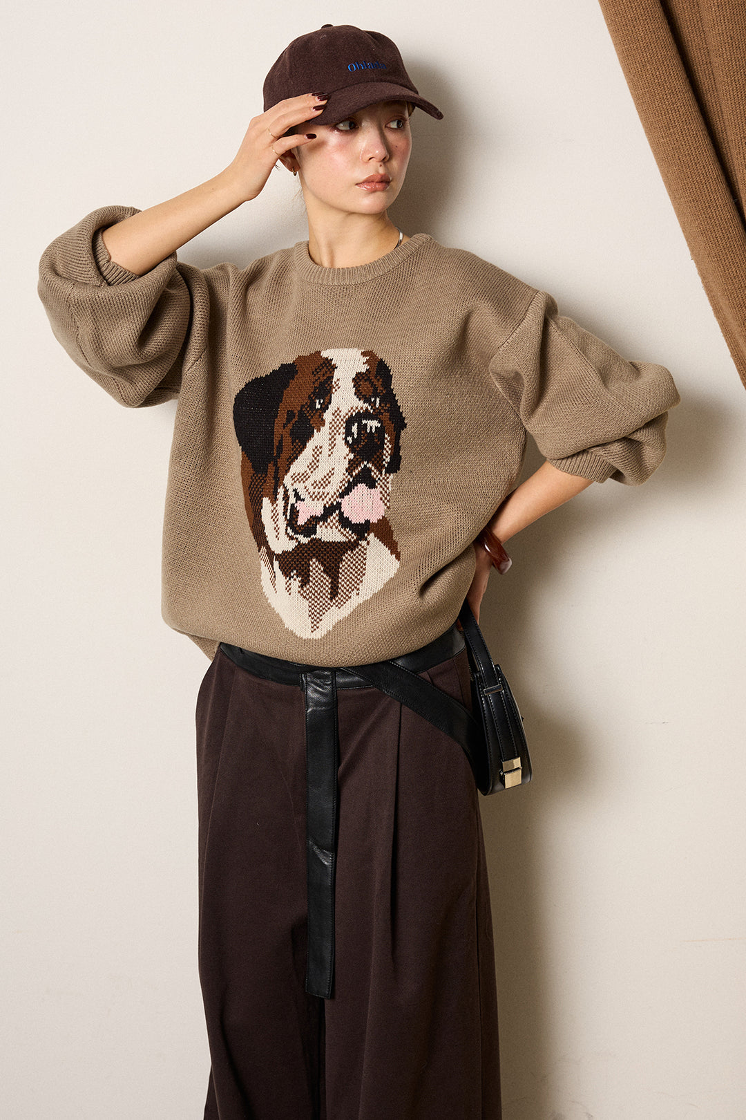 [SET]アニマルジャガード柄ニットトップス+巻ベルトウエストレザーライクワイドパンツ(2set)