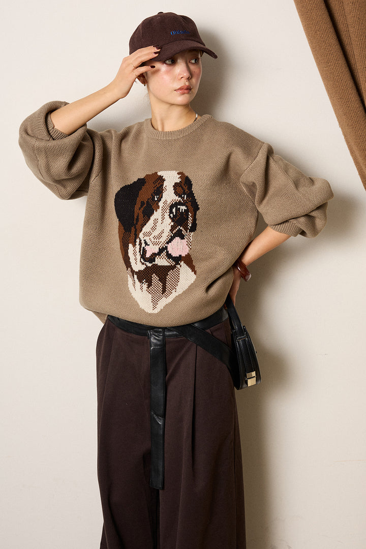 [SET]アニマルジャガード柄ニットトップス+巻ベルトウエストレザーライクワイドパンツ(2set)