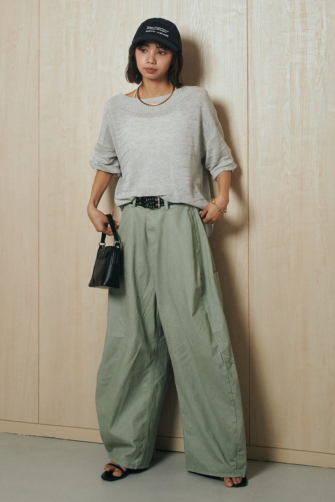 [SET]麻混リラックスニットトップス+ベルト付きカラーデニムパンツ(2set)