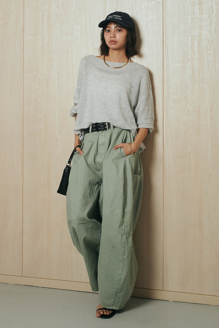 [SET]麻混リラックスニットトップス+ベルト付きカラーデニムパンツ(2set)