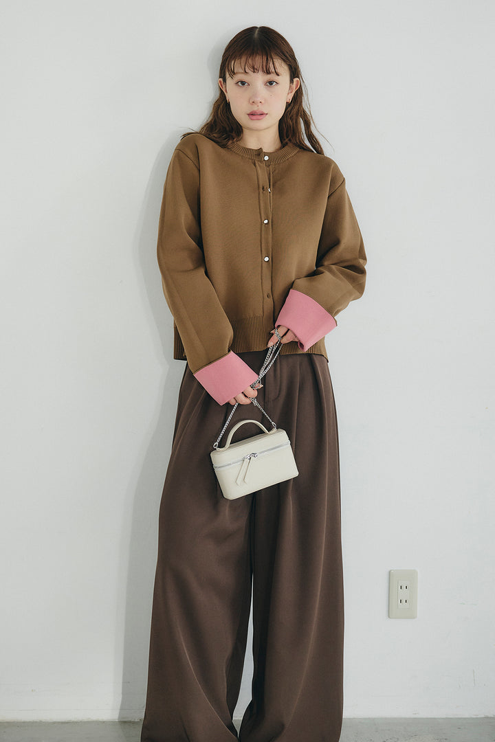 [SET]リバーシブル配色ニットカーディガン+ベルト付きツータックワイドパンツ(2set)