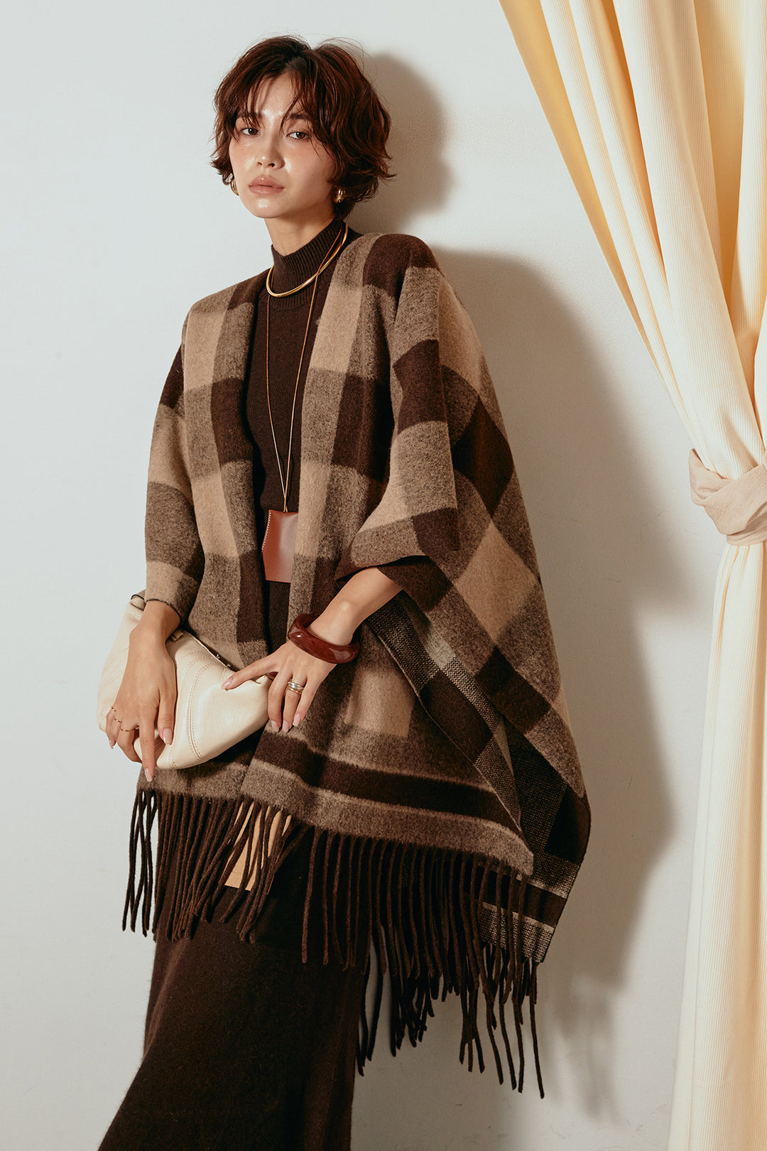 [SET]裾フリンジ柄ポンチョアウター+ノースリーブニットロングワンピース(2set)