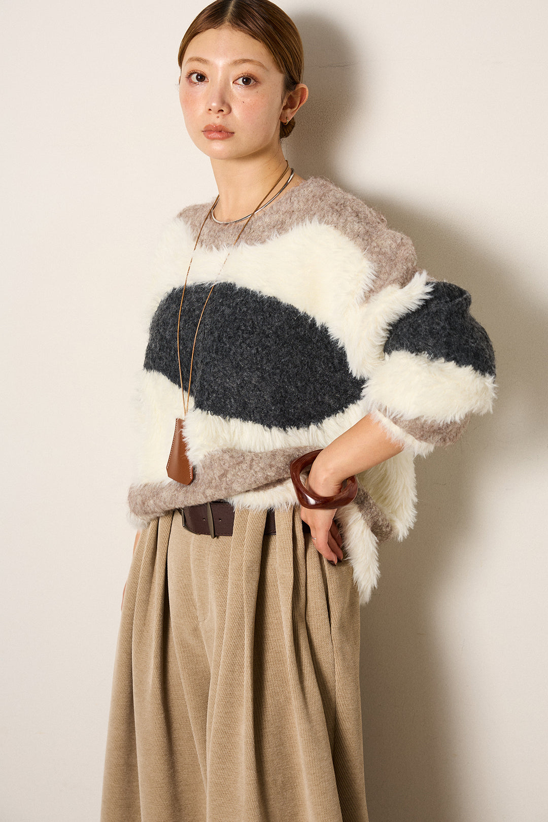 [SET]シャギーウェーブ柄クルーネックニットトップス+ベルトループコーデュロイワイドパンツ(2set)