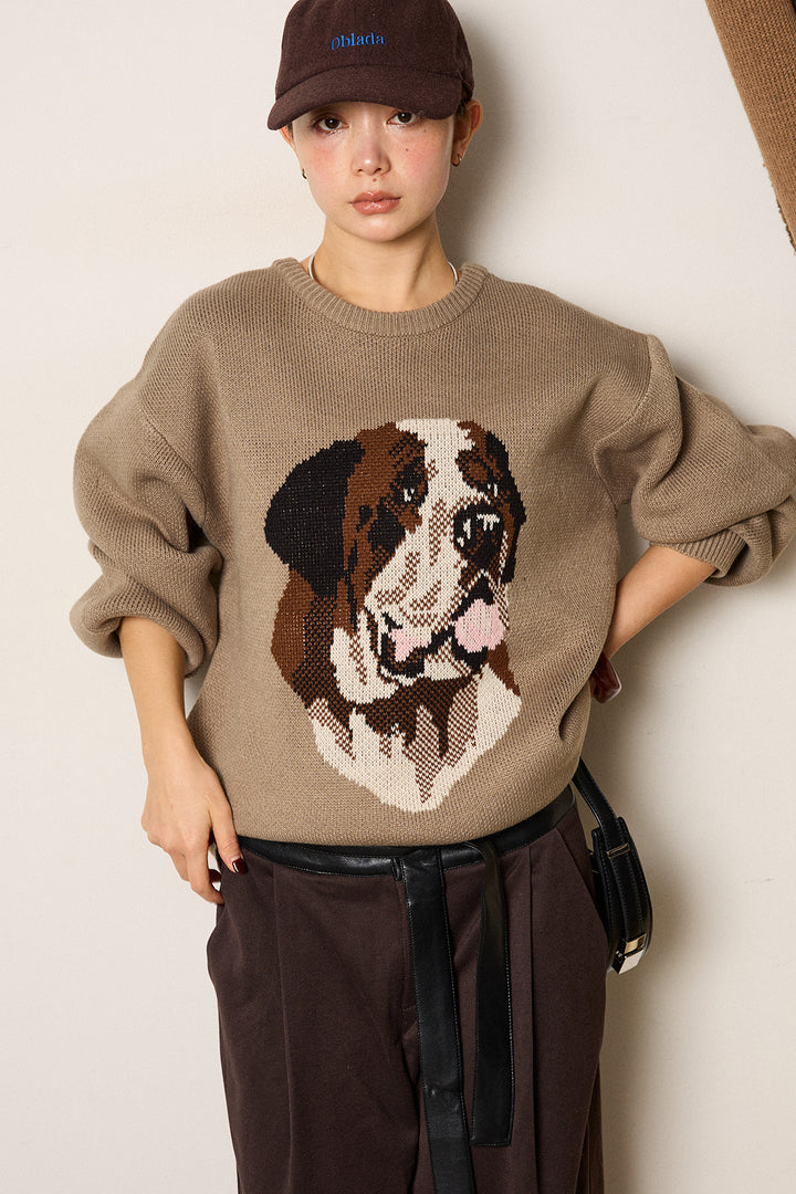 [SET]アニマルジャガード柄ニットトップス+巻ベルトウエストレザーライクワイドパンツ(2set)