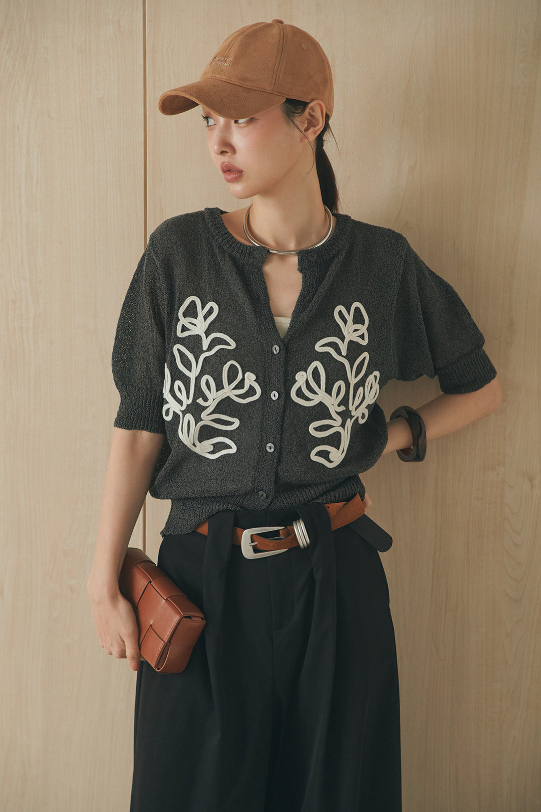 [SET]フロントテープデザイン半袖カーディガン+ベルトループデザインハイウエストタックパンツ(2set)