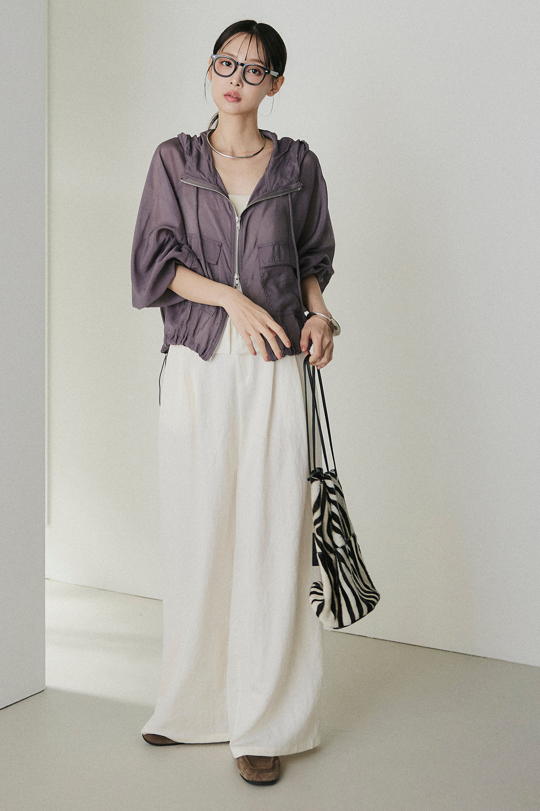 [SET]裾ドロストシアーWジップフーディーブルゾン+ウエスト折り返しワイドパンツ(2set)