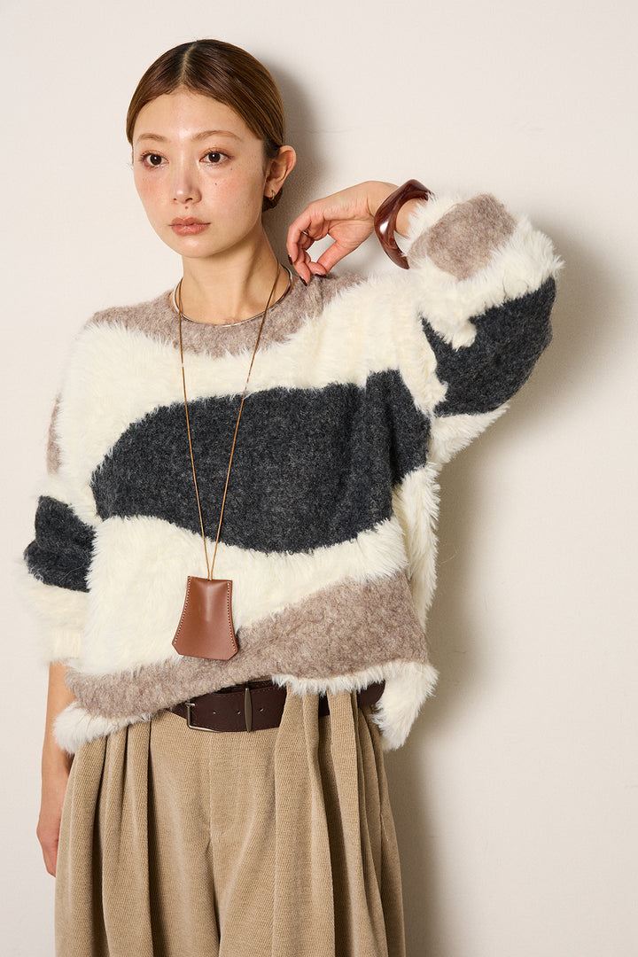 [SET]シャギーウェーブ柄クルーネックニットトップス+ベルトループコーデュロイワイドパンツ(2set)