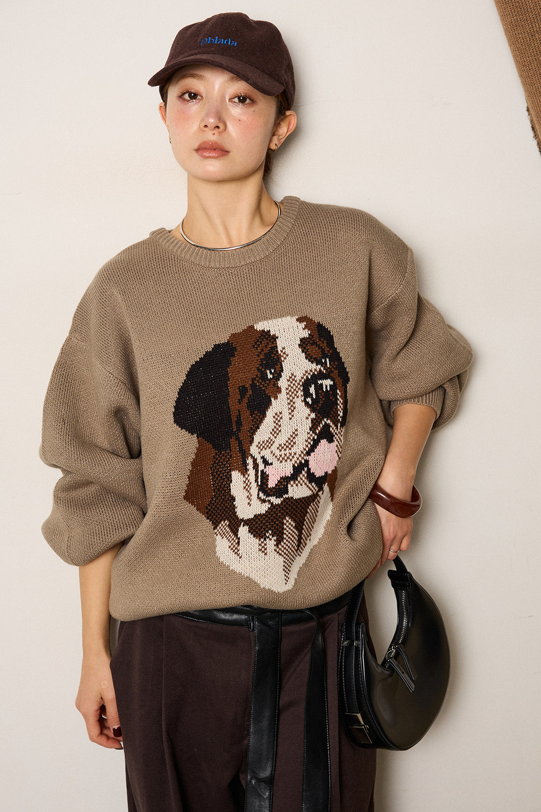 [SET]アニマルジャガード柄ニットトップス+巻ベルトウエストレザーライクワイドパンツ(2set)