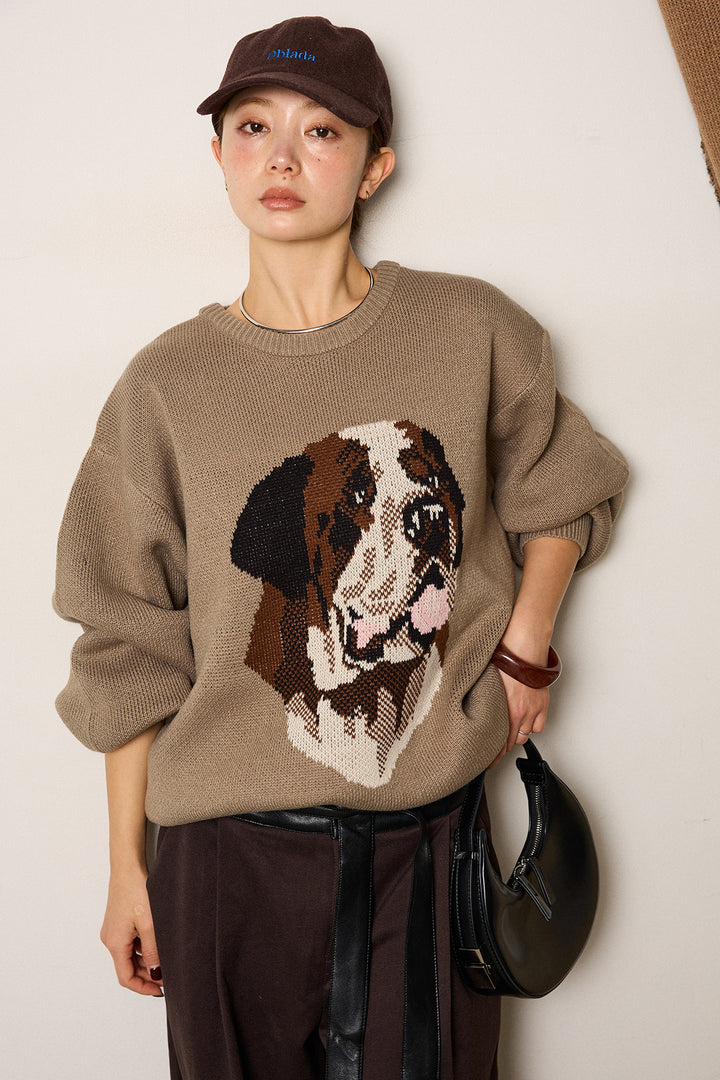 [SET]アニマルジャガード柄ニットトップス+巻ベルトウエストレザーライクワイドパンツ(2set)