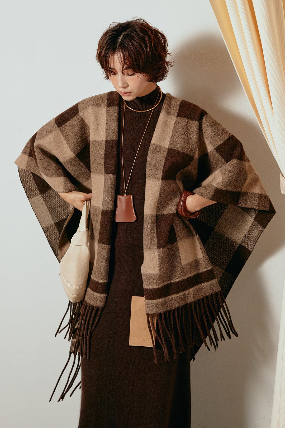 [SET]裾フリンジ柄ポンチョアウター+ノースリーブニットロングワンピース(2set)