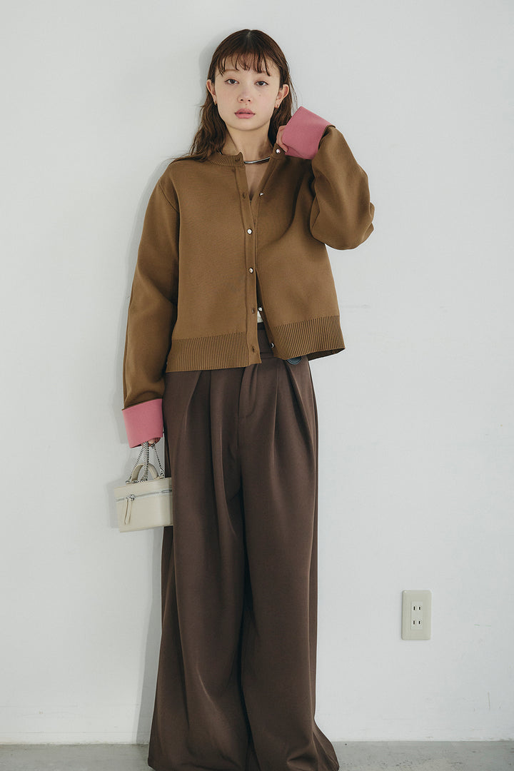[SET]リバーシブル配色ニットカーディガン+ベルト付きツータックワイドパンツ(2set)