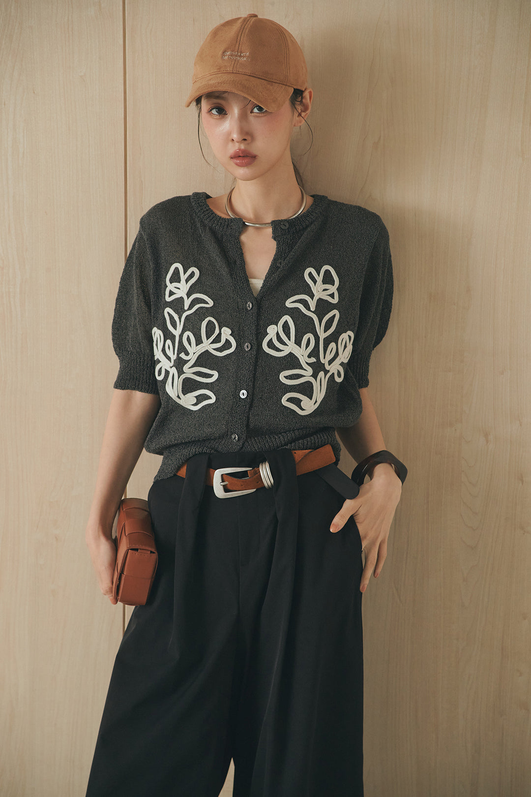 [SET]フロントテープデザイン半袖カーディガン+ベルトループデザインハイウエストタックパンツ(2set)