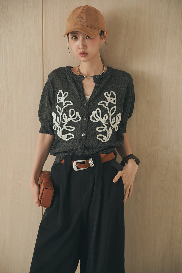 [SET]フロントテープデザイン半袖カーディガン+ベルトループデザインハイウエストタックパンツ(2set)