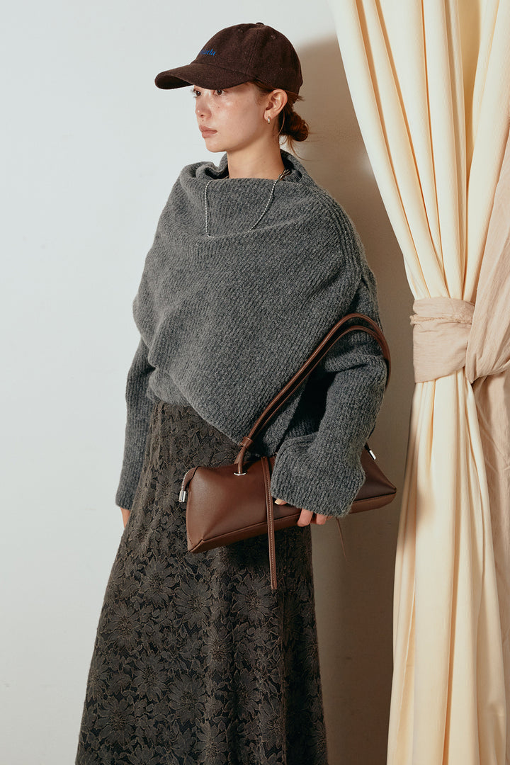 [SET]ケープデザインリブニットトップス+花柄刺繍ベロアフレアスカート(2set)