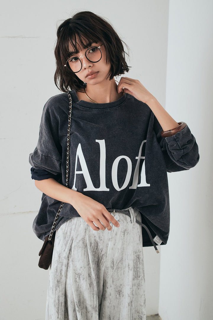 [SET]裾センタードロストロゴプリントワイドTシャツ+紐ベルト付きかすれ柄ワイドスラックス(2set)