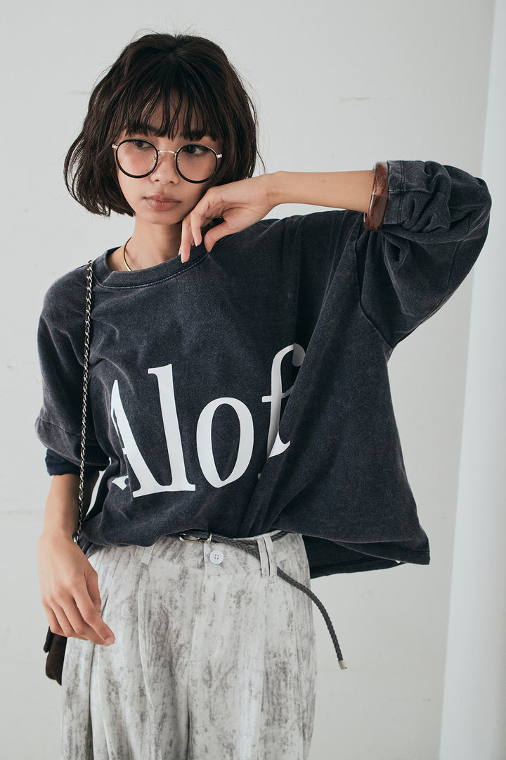 [SET]裾センタードロストロゴプリントワイドTシャツ+紐ベルト付きかすれ柄ワイドスラックス(2set)