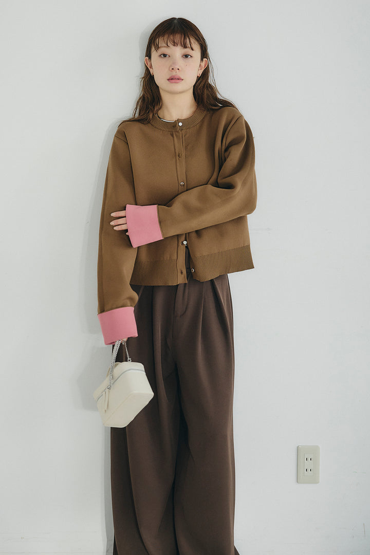 [SET]リバーシブル配色ニットカーディガン+ベルト付きツータックワイドパンツ(2set)