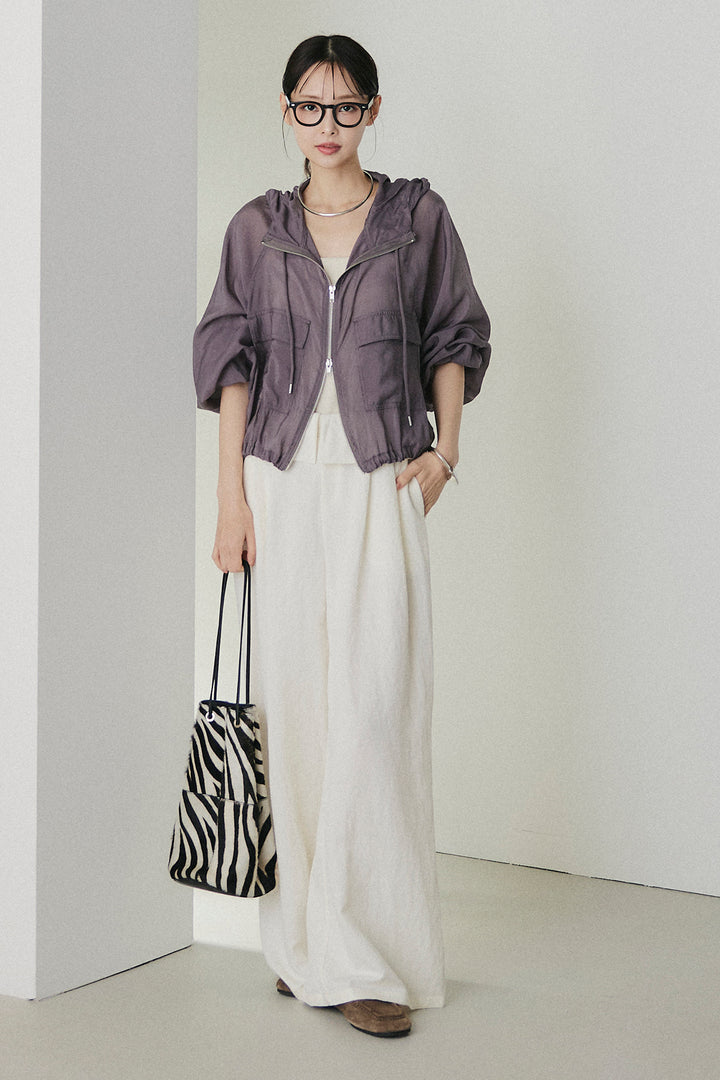 [SET]裾ドロストシアーWジップフーディーブルゾン+ウエスト折り返しワイドパンツ(2set)